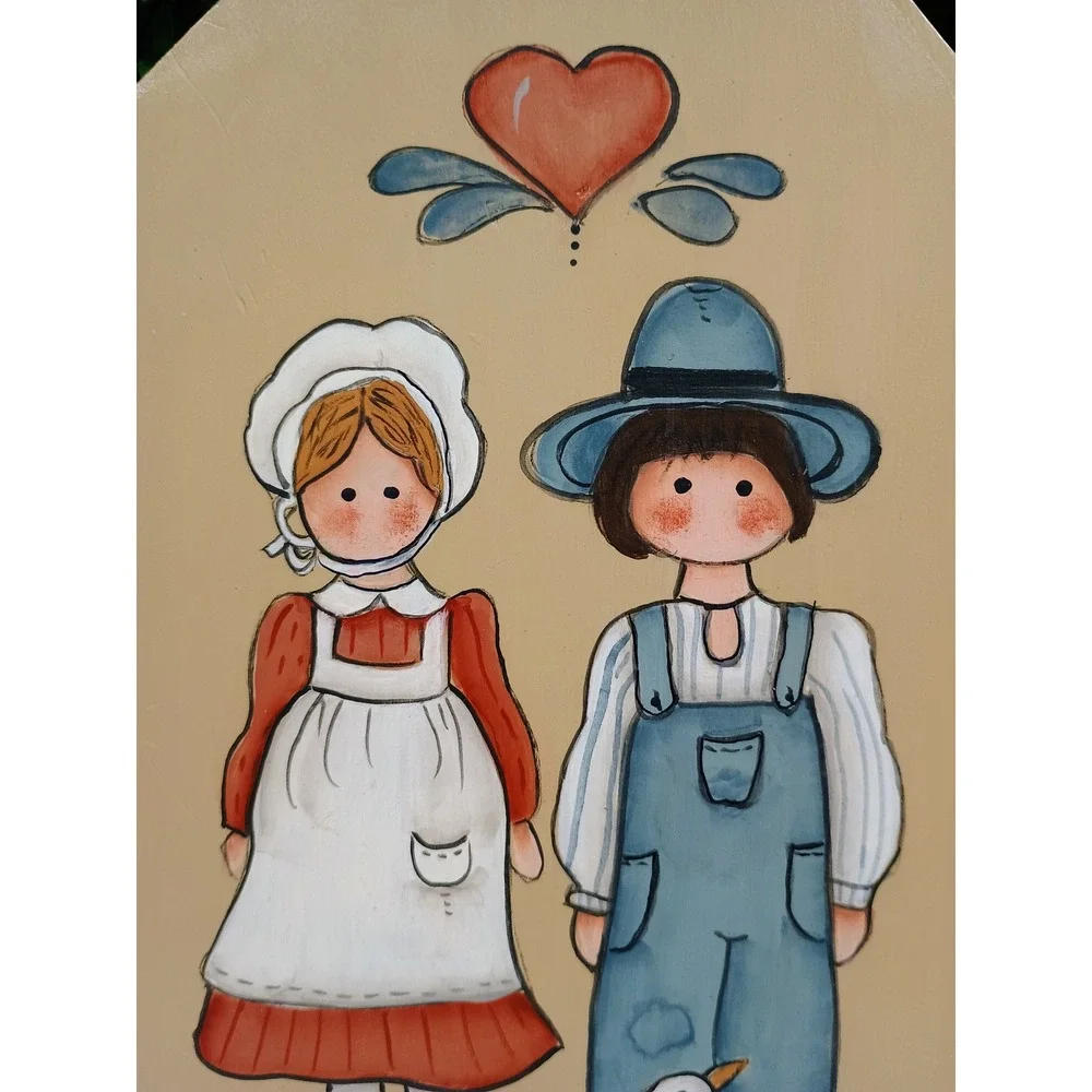 Vintage Hand Painted‎ Wood Folk Art Plaque Amish Couple Goose Heart Wall Decor